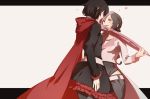  2girls black_dress black_eyes black_hair blush cape dress frilled_skirt frills hand_on_another&#039;s_hip heart heterochromia jewelry multicolored_hair multiple_girls necklace neo_(rwby) pants parasol pink_eyes pink_hair ruby_rose rwby skirt smile truc_bui umbrella yuri 