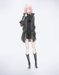  1girl black_boots boots coat expressionless full_body hand_in_pocket hand_up knee_boots legs_apart long_hair looking_at_viewer open_clothes open_coat original parted_lips pink_hair science_fiction sidelocks solo standing yellow_eyes yucca-612 