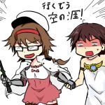  2girls arm_armor braid brown_hair character_request choker comic commentary cosplay djeeta_(granblue_fantasy) djeeta_(granblue_fantasy)_(cosplay) dress gauntlets glasses granblue_fantasy hairband hand_holding hat hiei_(kantai_collection) kantai_collection long_hair lyria_(granblue_fantasy) lyria_(granblue_fantasy)_(cosplay) multiple_girls off-shoulder_dress off_shoulder peaked_cap rukialice seiyuu_connection shaded_face short_hair sweatdrop thigh-highs translation_request white_background 