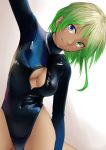  1girl arm_up bare_legs blue_eyes breasts cleavage_cutout closed_mouth commentary_request dark_skin eyebrows_visible_through_hair green_eyes green_hair head_tilt heterochromia highleg highleg_leotard highres kilye_4421 leaning_to_the_side leotard looking_at_viewer medium_breasts original shiny shiny_clothes solo tan 