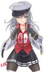  1girl belt blush gangut_(kantai_collection) grey_hair hat kantai_collection long_hair long_sleeves military military_hat military_jacket nyantiu orange_eyes pantyhose red_skirt remodel_(kantai_collection) skirt smile solo uniform 