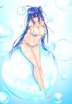  1girl arm_at_side armlet bangs bare_legs barefoot bikini blue_background blue_hair blush breasts bubble butterfly_hair_ornament cleavage collarbone commentary_request earrings frofrofrost full_body gradient gradient_background hair_ornament hand_on_own_chest head_tilt highres jewelry large_breasts long_hair looking_at_viewer navel necklace original pink_eyes scrunchie sitting solo stomach string_bikini swimsuit tareme twintails very_long_hair wrist_scrunchie 