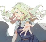  1girl :d blue_eyes blush cape diana_cavendish dress half-closed_eyes hands little_witch_academia long_hair looking_at_viewer open_mouth pov reaching_out shake_sawa simple_background smile solo white_background white_hair 