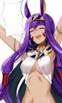 1girl ^_^ ^o^ armpits arms_up breasts closed_eyes dark_skin egyptian_clothes fate/grand_order fate_(series) jackal_ears koko_shiguma long_hair medium_breasts navel nitocris_(fate/grand_order) open_mouth purple_hair simple_background smile solo sweat upper_body white_background 