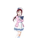  1girl alternate_hairstyle artist_request blush hair_ornament hairclip hat holding kneehighs long_hair looking_at_viewer love_live! love_live!_school_idol_festival love_live!_sunshine!! low_ponytail nurse nurse_cap official_art open_mouth pink_sweater redhead sakurauchi_riko smile solo sweater transparent_background uniform white_legwear yellow_eyes 