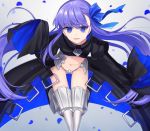  1girl armor armored_boots asymmetrical_bangs bangs black_coat blue_ribbon boots eyebrows_visible_through_hair fate/extra fate/extra_ccc fate_(series) flat_chest hair_ribbon hand_up hands_in_sleeves karokuchitose long_hair long_sleeves looking_at_viewer meltlilith navel parted_lips petals purple_hair revealing_clothes ribbon smile solo thigh-highs thighs violet_eyes 