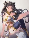  1girl armlet bare_shoulders black_hair black_ribbon breasts chibirisu cleavage commentary_request crown detached_sleeves earrings fate/grand_order fate_(series) floating_hair gradient gradient_background hair_ribbon hand_in_hair highres hoop_earrings ishtar_(fate/grand_order) jewelry leg_up long_hair medium_breasts midriff navel parted_lips red_eyes ribbon sideboob single_sleeve single_thighhigh sitting solo thigh-highs tohsaka_rin two_side_up very_long_hair 