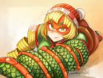  1girl arms_(game) artist_name ass bangs beanie blonde_hair blunt_bangs blush bob_cut breasts chinese_clothes closed_mouth domino_mask dragon dragon_(arms) eastern_dragon food green_eyes green_shirt hat itadaku knit_hat lips looking_away looking_up lying mask medium_breasts min_min_(arms) noodles nose on_stomach orange_hat ringed_eyes shirt short_hair short_sleeves smile solo thick_eyebrows turtleneck 