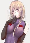  1girl :3 adapted_costume akiyama_cz4a arm_at_side bangs bespectacled black_gloves blonde_hair blush bra breasts colored_eyelashes earrings elbow_gloves finger_to_mouth glasses gloves grey_background head_tilt highres jewelry lace lace-trimmed_bra large_breasts long_hair looking_at_viewer mole mole_under_eye nose_blush pince-nez playing_with_own_hair red-framed_eyewear see-through shiny shiny_hair simple_background solo stud_earrings tabard touhou underwear upper_body very_long_hair violet_eyes yakumo_yukari 