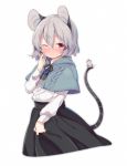  1girl adapted_costume akagashi_hagane alternate_costume animal animal_ears blush capelet full-face_blush gem grey_hair long_sleeves looking_at_viewer mouse mouse_ears mouse_tail nazrin one_eye_closed red_eyes ribbon shirt short_hair simple_background skirt solo tail touhou white_background 