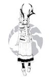 1girl animal_ears antlers capelet coat commentary hand_in_pocket highres horns jaco long_skirt looking_at_viewer monochrome original shoes short_hair simple_background skirt smile solo winter_clothes winter_coat 
