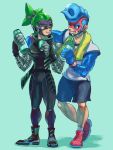  2boys al_bhed_eyes arm_around_shoulder arms_(game) blue_eyes blue_hair boots chains domino_mask full_body goggles green_hair highres looking_at_another male_focus mask multiple_boys ninjara_(arms) nkraae official_style orange_eyes pompadour ponytail shirt shoes short_hair shorts sleeveless sleeveless_shirt smile sneakers spring_man_(arms) sweat t-shirt thermos towel towel_around_neck wristband 