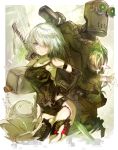  1girl armband black_gloves blue_eyes breasts contrapposto elbow_gloves expressionless gloves hair_over_one_eye haku_(sabosoda) hand_on_hip nier_(series) nier_automata one_eye_covered pascal_(nier_automata) pod_(nier_automata) robot short_hair silver_hair sleeveless sparkle squiggle sword tagme weapon weapon_on_back white_flower yorha_type_a_no._2 