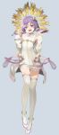  1girl ahoge commentary_request detached_sleeves dress hair_ornament hands_up high_heels highres long_sleeves low_twintails niconico open_mouth pumps purple_hair rsk_(tbhono) thigh-highs twintails violet_eyes voiceroid white_dress white_thighhighs yuzuki_yukari 