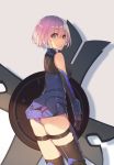  1girl :o armor armored_dress ass bangs black_gloves black_legwear blue_eyes elbow_gloves eyebrows_visible_through_hair fate/grand_order fate_(series) from_side gloves hair_between_eyes leotard looking_at_viewer looking_back mismatched_legwear open_mouth oweee purple_hair purple_leotard shield shielder_(fate/grand_order) short_hair solo thigh-highs thigh_strap thighs 