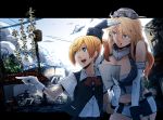  2girls anbo bangs blonde_hair blouse blue_eyes breasts cleavage elbow_gloves fingerless_gloves front-tie_top garter_straps gloves grey_eyes hair_between_eyes highres house iowa_(kantai_collection) kantai_collection large_breasts maikaze_(kantai_collection) miniskirt multiple_girls paper parted_bangs pointing ponytail power_lines red_ribbon ribbon school_uniform short_hair skirt star star-shaped_pupils striped symbol-shaped_pupils translation_request upper_body vertical_stripes white_blouse white_gloves 