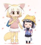  2girls animal_ears backpack bag blonde_hair brown_eyes cherry_blossoms chibi closed_eyes commentary common_raccoon_(kemono_friends) elbow_gloves fennec_(kemono_friends) fox_ears fox_tail gloves grey_hair hand_holding hat kemono_friends multicolored_hair multiple_girls pleated_skirt school_bag school_hat skirt smile sweater tail thigh-highs toshi_mellow-pretty two-tone_hair younger 