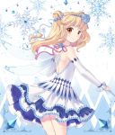  1girl arm_warmers bell blonde_hair brown_eyes dress fairy fairy_wings flower hair_flower hair_ornament highres holding holding_staff jewelry looking_back mystmu necklace original smile snowflakes solo staff standing tiara white_dress wings 