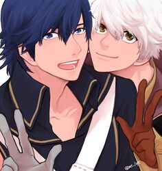  2boys fire_emblem fire_emblem:_kakusei highres krom looking_at_viewer male_my_unit_(fire_emblem:_kakusei) multiple_boys my_unit_(fire_emblem:_kakusei) nezumoto smile v 