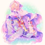  1boy animal_ears armor blonde_hair blue_eyes cat cat_ears hood japanese_armor kemonomimi_mode komusun kote male_focus rain sitting smile soaking_feet star touken_ranbu water yamanbagiri_kunihiro 