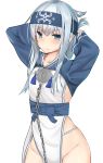  1girl ainu_clothes alternate_costume alternate_hairstyle blue_eyes breasts chains cosplay folded_ponytail groin headband hibiki_(kantai_collection) highres kamoi_(kantai_collection) kamoi_(kantai_collection)_(cosplay) kantai_collection long_hair long_sleeves looking_at_viewer sideboob small_breasts solo syun_(05250) tying_hair verniy_(kantai_collection) 