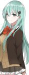  1girl aqua_eyes blush bow bowtie collared_shirt commentary_request cowboy_shot frilled_skirt frills green_eyes green_hair hair_between_eyes hair_ornament hairclip highres jacket kantai_collection long_hair long_sleeves looking_at_viewer morinaga_(harumori) red_bow red_bowtie remodel_(kantai_collection) ribbed_sweater shirt simple_background skirt smile solo suzuya_(kantai_collection) sweater white_background 