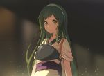  1girl bangs blush closed_mouth eyebrows_visible_through_hair green_eyes green_hair japanese_clothes long_hair looking_at_viewer muneate oweee smile solo touhoku_zunko upper_body vocaloid voiceroid 