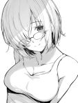  1girl bangs bare_shoulders blush bokokichi_(you) breasts cleavage closed_mouth collarbone fate/grand_order fate_(series) glasses greyscale hair_over_one_eye light_smile looking_at_viewer medium_breasts monochrome shade shielder_(fate/grand_order) short_hair smile solo tank_top upper_body 