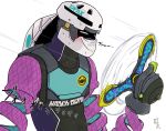  1boy arms_(game) blush closed_eyes coolerang_(arms) helmet kid_cobra long_arms male_focus mita_ran simple_background sweat upper_body white_background wind 