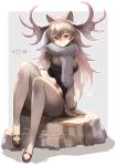  1girl animal_ears antlers black_shoes breasts commentary_request extra_ears full_body fur_collar grey_legwear hair_between_eyes highres kakage_(kakage0904) kemono_friends large_breasts long_hair looking_at_viewer moose_(kemono_friends) moose_ears pantyhose red_eyes shoes silver_hair sitting solo 