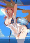  1girl animal_ears arms_behind_head bikini blue_bikini breasts cleavage fate/grand_order fate_(series) fox_ears fox_tail hat kion-kun large_breasts leaning_forward long_hair looking_to_the_side ocean open_mouth parasol partially_translated pink_hair see-through shirt solo straw_hat swimsuit t-shirt tail tamamo_(fate)_(all) tamamo_no_mae_(swimsuit_lancer)_(fate) translation_request umbrella water wet wet_clothes yellow_eyes 
