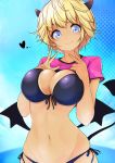 1girl bikini bikini_under_clothes blonde_hair blue_bikini blue_eyes breasts cleavage commentary_request dark_skin demon_girl demon_horns demon_tail demon_wings eyebrows_visible_through_hair front-tie_top hands_on_own_chest heart highres horns large_breasts looking_at_viewer maru-pen nail_polish navel original pink_nails pink_shirt pointy_ears shirt shirt_lift short_hair short_sleeves side-tie_bikini smile solo standing succubus swimsuit tail tan tanline v wings 