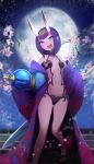  1girl absurdres bare_shoulders bob_cut breasts cherry_blossoms fangs fate/grand_order fate_(series) full_moon highres japanese_clothes kimono looking_at_viewer moon navel oni oni_horns open_mouth pointy_ears purple_hair short_hair shuten_douji_(fate/grand_order) smile solo standing violet_eyes wse 