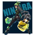  1boy arms_(game) ass blue_background boxing_gloves chains character_name closed_mouth full_body goggles green_hair highres looking_at_viewer ninja ninjara_(arms) nkraae orange_eyes ponytail short_hair signature simple_background sparky_(arms) 