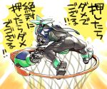  1boy arms_(game) ass basketball_hoop bodysuit buff_(arms) chains from_behind full_body green_hair grey_background male_focus ninja ninjara_(arms) ponytail short_hair simple_background solo sunoko24 translation_request 