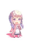  1girl 3: bangs cherry_blossoms chibi coat d: dress eyebrows_visible_through_hair flower hair_flower hair_ornament long_hair low_twintails mismatched_legwear open_mouth oweee pink_flower pink_legwear purple_hair simple_background solo standing tearing_up tears twintails violet_eyes vocaloid voiceroid white_background white_dress white_legwear yuzuki_yukari 