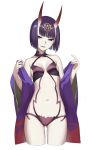  1girl absurdres breasts cowboy_shot cropped_legs fangs fate/grand_order fate_(series) feng_ze gluteal_fold hair_ornament highres looking_at_viewer navel off_shoulder oni_horns pale_skin purple_hair revealing_clothes short_hair shuten_douji_(fate/grand_order) simple_background small_breasts smile solo violet_eyes white_background 