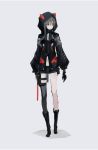  1girl full_body gloves grey_eyes grey_hair hood hooded_jacket jacket navel original short_hair simple_background single_thighhigh solo standing thigh-highs weapon yucca-612 