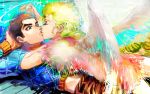  2boys angel_wings black_eyes black_hair blonde_hair braid giorno_giovanna guido_mista jojo_no_kimyou_na_bouken kiss male_focus midriff multiple_boys sweater wings yaoi zakki 