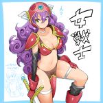  1girl armor bikini_armor breasts cleavage closed_eyes curly_hair dragon_quest dragon_quest_iii helmet highres holding holding_sword holding_weapon long_hair nac000 navel pauldrons purple_hair soldier_(dq3) solo sword weapon yellow_eyes 
