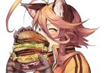  1girl ad ahoge animal_ears blush breasts brown_hair brown_jacket cat_ears closed_eyes eating food from_side hamburger huge_ahoge original parody paws simple_background solo white_background yagatake_arashi yana_(nekoarashi) 