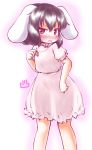  1girl :3 animal_ears blue_hair blush bunny_tail dress highres inaba_tewi nose_blush open_mouth pink_dress puffy_short_sleeves puffy_sleeves rabbit_ears red_eyes see-through_silhouette short_sleeves solo sweat tail touhou uho_(uhoyoshi-o) 