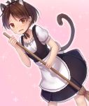  1girl alternate_costume animal_ears apron broom brown_eyes brown_hair cat_ears cat_tail holding holding_broom kantai_collection maid maid_apron minarai_shachou open_mouth pink_background ponytail puffy_short_sleeves puffy_sleeves shikinami_(kantai_collection) short_hair short_sleeves solo sparkle_background tail 