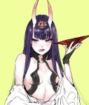  1girl alternate_hair_length alternate_hairstyle blush breasts cup fate/grand_order fate_(series) horns looking_at_viewer oni oni_horns open_mouth osakana_(denpa_yun&#039;yun) purple_hair sakazuki shuten_douji_(fate/grand_order) simple_background small_breasts smile solo tongue violet_eyes 