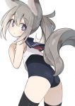  1girl :o abarabone animal_ears ass bangs blouse blush eyebrows_visible_through_hair from_behind grey_background grey_hair hair_between_eyes hands_up highres long_hair looking_at_viewer looking_back one-piece_swimsuit original parted_lips ponytail school_swimsuit school_uniform serafuku sidelocks simple_background sleeveless sleeveless_blouse solo swimsuit swimsuit_under_clothes tail thigh-highs thighs violet_eyes 