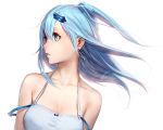  1girl bangs bare_shoulders blue_eyes blue_hair earrings hair_between_eyes hair_ornament hairclip jewelry long_hair looking_away luen_kulo parted_lips profile side_ponytail signature simple_background solo upper_body white_background 