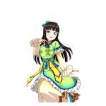  1girl artist_request bangs black_hair blunt_bangs bow dress frills green_dress green_eyes hair_ornament hairclip japanese_clothes kurosawa_dia long_hair love_live! love_live!_school_idol_festival love_live!_sunshine!! mole mole_under_mouth official_art open_mouth smile solo tanabata 