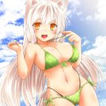  1girl :d animal_ears bangs bikini blue_sky blush breasts cleavage clouds collarbone cowboy_shot day fang fox_ears front-tie_bikini front-tie_top gluteal_fold green_bikini green_ribbon hands_up kohaku_(yua) large_breasts long_hair looking_at_viewer lowres open_mouth original pulled_by_self ribbon shiny shiny_hair side-tie_bikini sky slit_pupils smile standing straight_hair strap_pull swimsuit tail thick_eyebrows thigh_gap very_long_hair wolf_ears wolf_tail yua_(checkmate) 