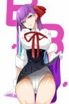 1girl bb_(fate/extra_ccc) breasts fate/extra fate/extra_ccc fate_(series) gloves hair_ribbon koko_shiguma long_hair looking_at_viewer medium_breasts open_mouth purple_hair sitting skirt skirt_lift smile solo violet_eyes white_gloves 