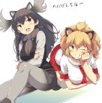  2girls animal_ears antlers black_hair blonde_hair fur_collar hair_between_eyes kemono_friends lion_(kemono_friends) lion_ears long_hair long_sleeves moose_(kemono_friends) moose_ears multiple_girls open_mouth shirt short_hair short_sleeves skirt smile tail ymatuz 